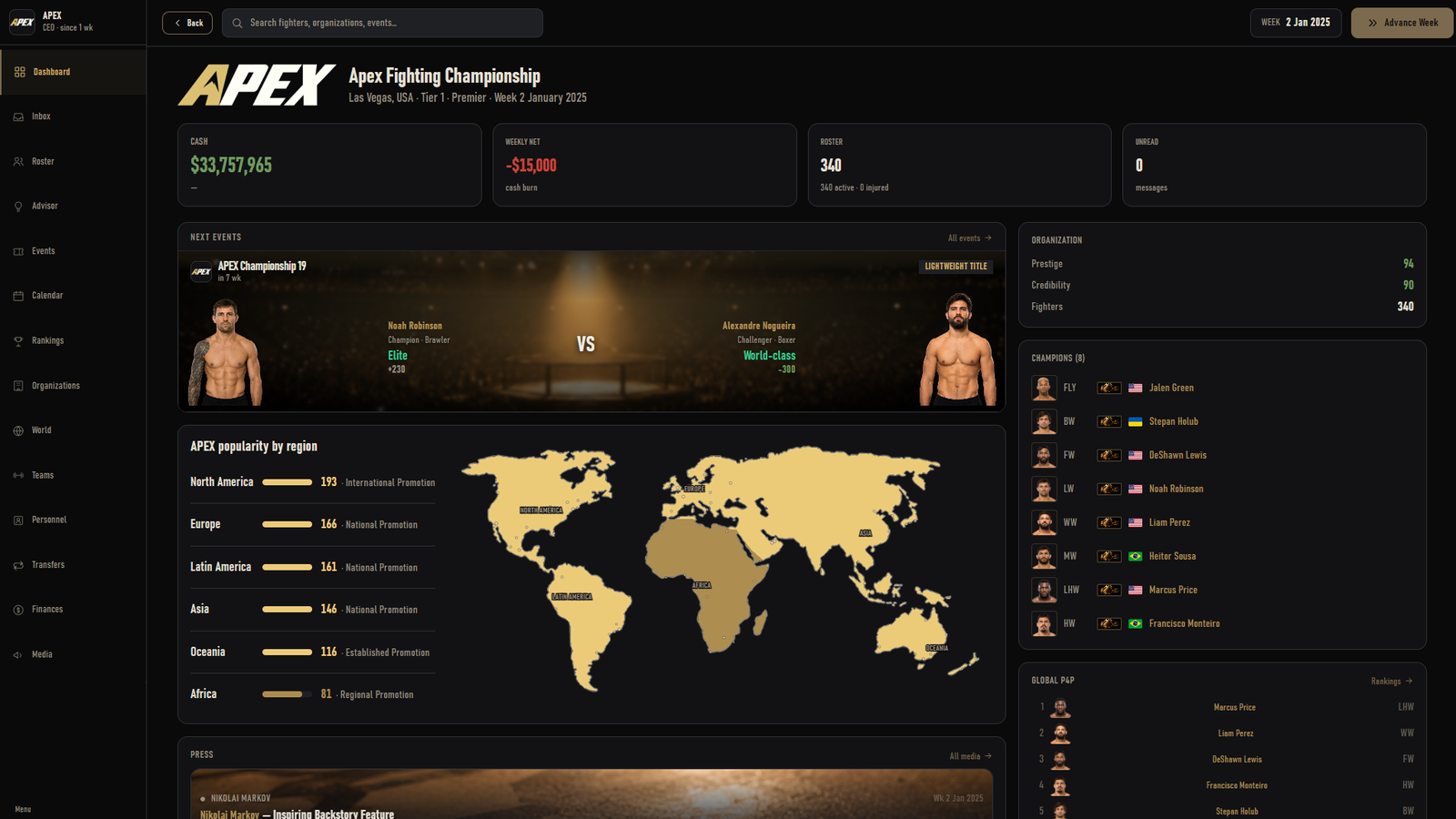 ダッシュボード。APEX Fighting Championship、第2週。