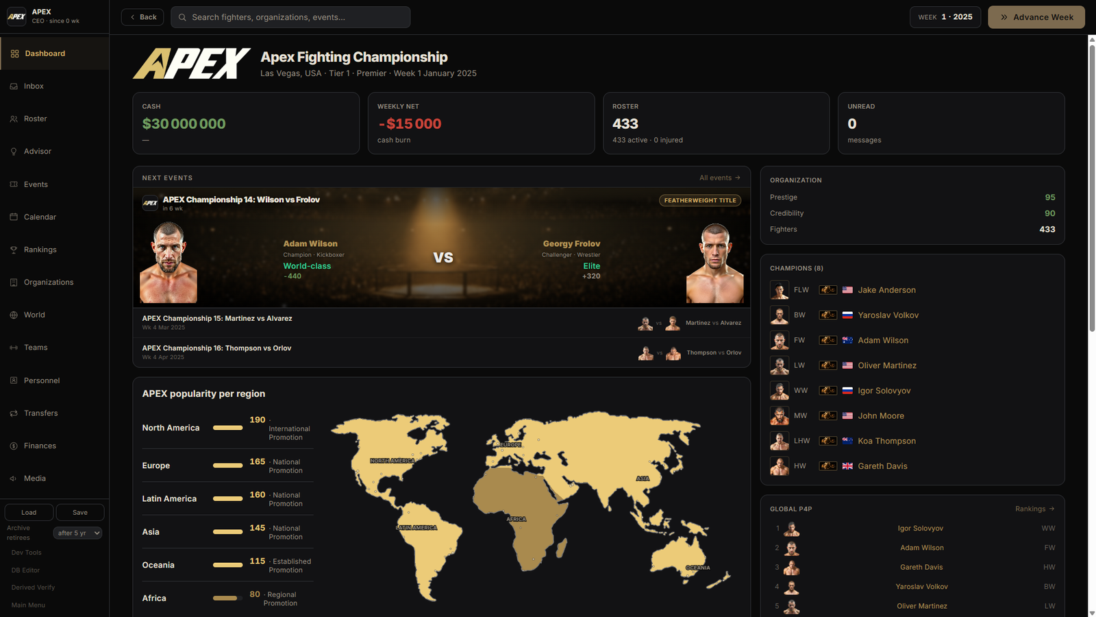 El panel de control. APEX Fighting Championship, semana 1.